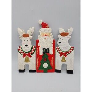 VTG Christmas Wood Decorative Folding Screen Santa & Reindeers Holiday Decor